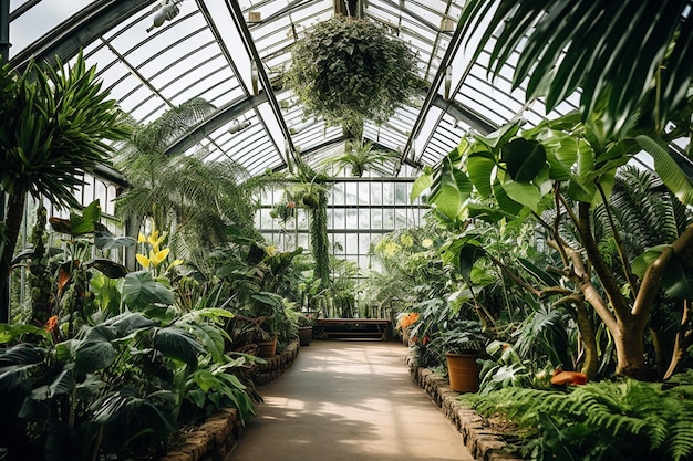 エキゾチックな植物を植えた茂った植物園の温室