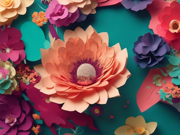 Photo lush botanical pattern with vibrant paper flowers 3d botanical art generative ai