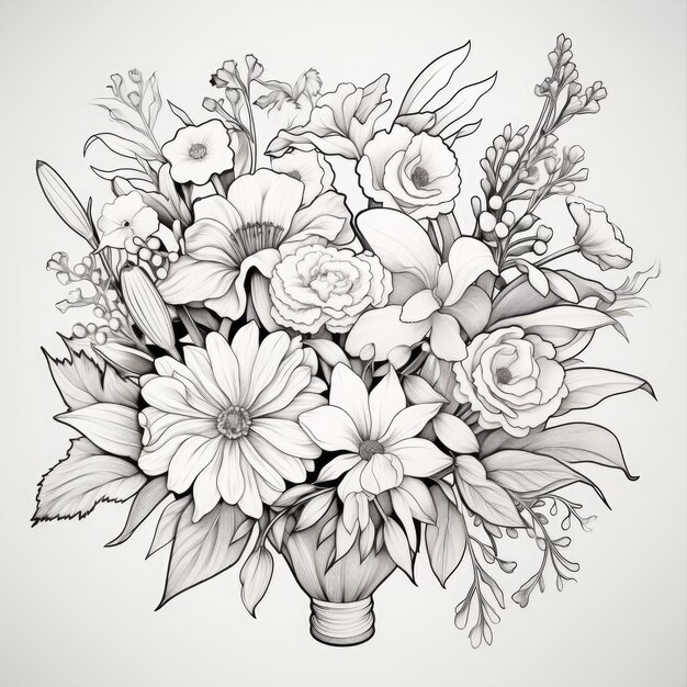 Photo lush bouquet of flowers coloring page antistress for adults beautiful collected bouquet of daisies