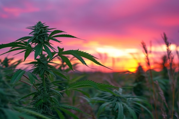 Lush Cannabis Plants Thriving Against A Breathtaking Sunset Background In Full Bloom