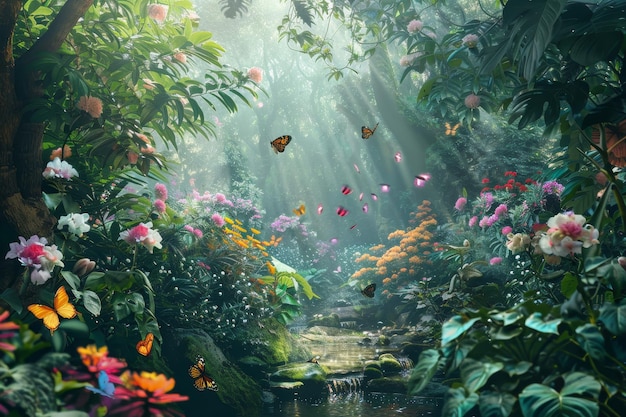 A lush colorful forest with butterflies and flowers