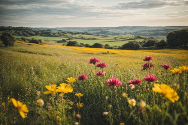 Foto una lussureggiante scena di campagna in piena fioritura con fiori selvatici vibranti e un gentile fruscio della brezza
