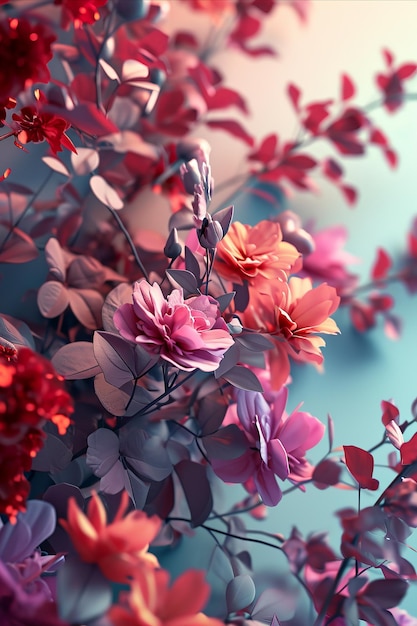 A lush depiction of various flowers in rich cool tones with a dreamy aesthetic