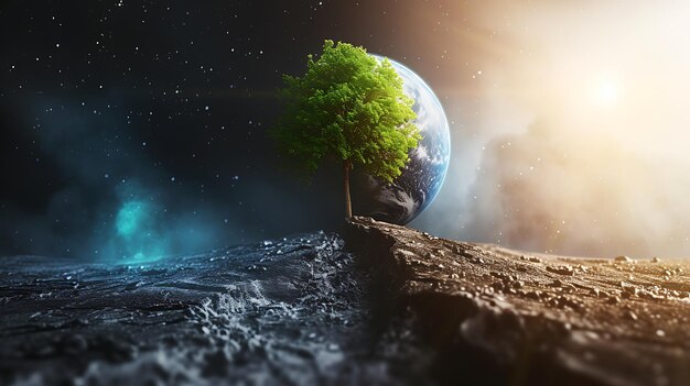 緑豊かで乾燥した木のある惑星 気候変動の概念