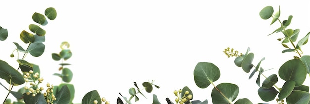 Photo lush eucalyptus leaves and berries panoramic border on white background