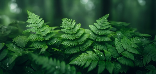 夜明けの霧の森の茂ったフェルンの葉