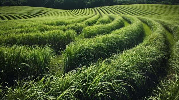 バイオ燃料作物の茂った畑で各個の植物が同時に振動し同期ダンスのように振動しています