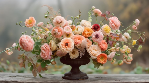 Пышный цветочный центр с нежными розами в классической урне