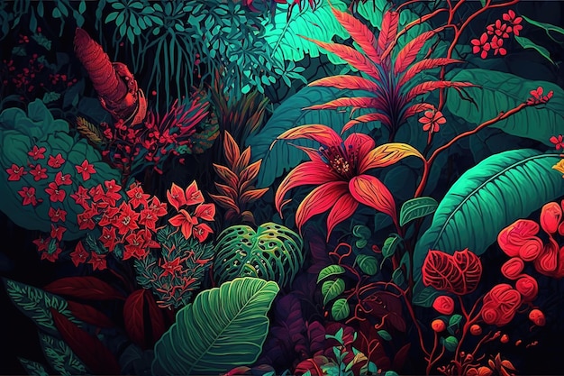 Lush forest beautiful flowers maximalism Big bright flowers and plants in the rainforest 3d render