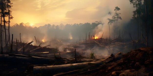 Photo a lush forest devastated by deforestation with charred tree stumps and smoke rising from the ashes