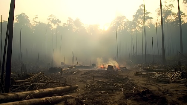 A lush forest devastated by deforestation with charred tree stumps and smoke rising from the ashes