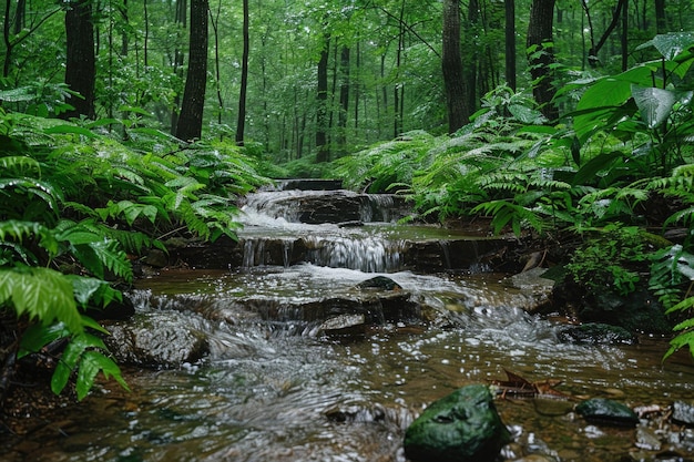 自然保護の美しさと重要性を示す 流れる小川の茂った森