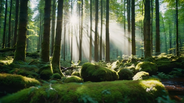 Lush Forest With Green Moss Covered Rocks