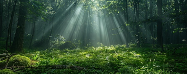 太陽 の 光 が 背景 を 濾過 し て いる 茂み の 森