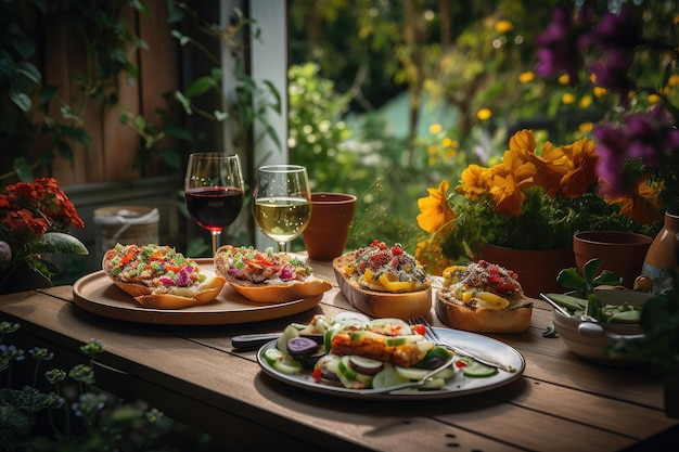 Lush garden bruschetta dish and glasses of wine on table created with generative ai