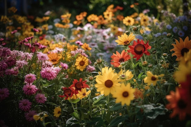 Lush garden colorful and vibrant flowers life and movement between petals generative IA