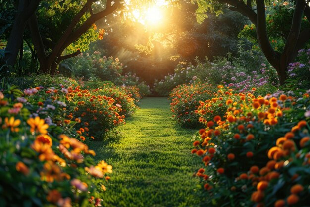 Photo a lush garden in full bloom bathed in summer sunlight