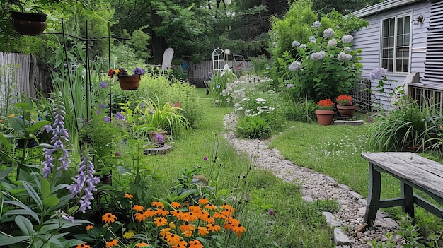 A lush garden path winds through a profusion of colorful flowers and green plants