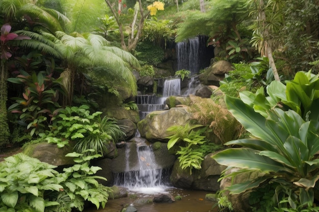 Lush garden with cascading waterfall surrounded by greenery