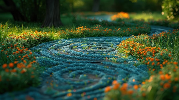 Lush Garden With Green Grass and Orange Flowers