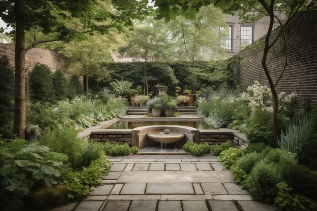 A lush garden with a stone patio and water feature