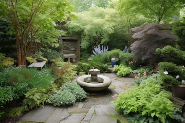 水と天然石のベンチのある緑豊かな庭園