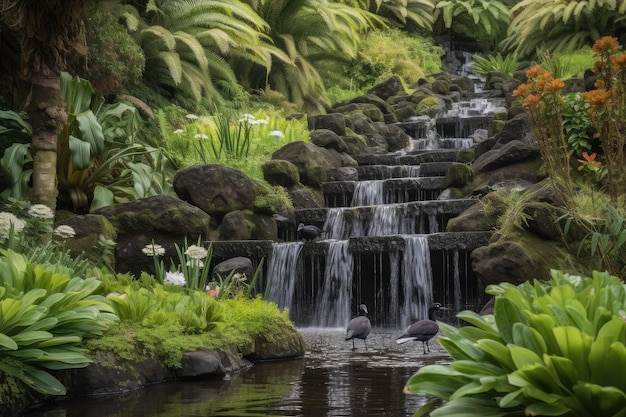 Lush garden with waterfall and birds in the background