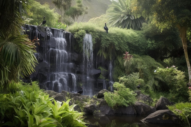 Lush garden with waterfall and birds in the background