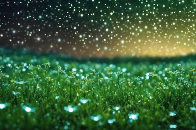 Photo a lush grass and beautiful flowers at night