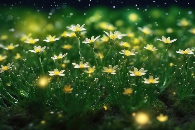 A lush grass and beautiful flowers at night