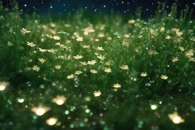 A lush grass and beautiful flowers at night