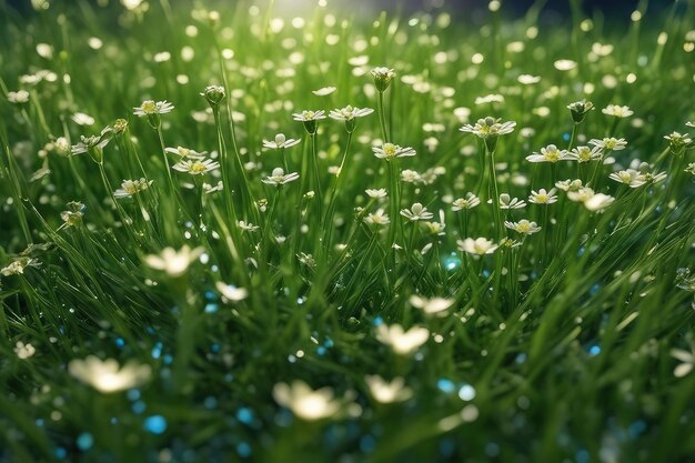 A lush grass and beautiful flowers at night