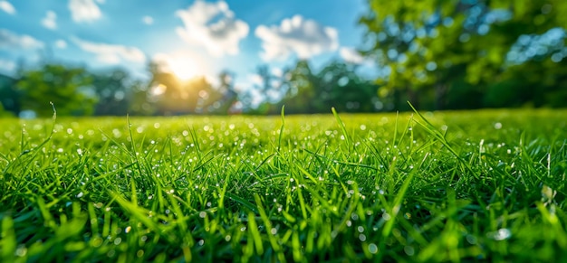 Lush grass field with a sunny blue sky and sunlight