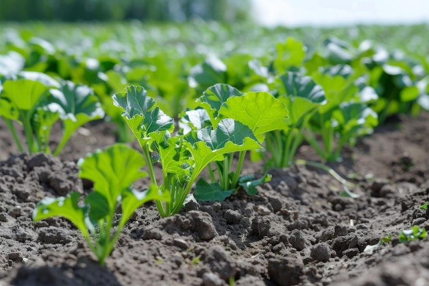 Lush green cabbage plants growing in orderly rows in a field