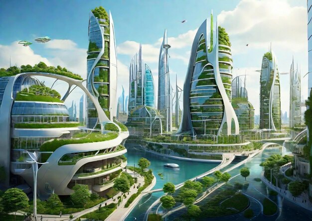 A lush green cityscape with towering buildings made of sustainable materials Ai generated