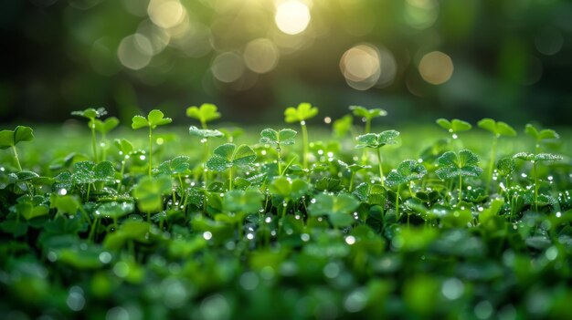 lush green clover field with sparkling dewdrops bathed in soft morning sunlight ideal background for spring and st patricks day themes