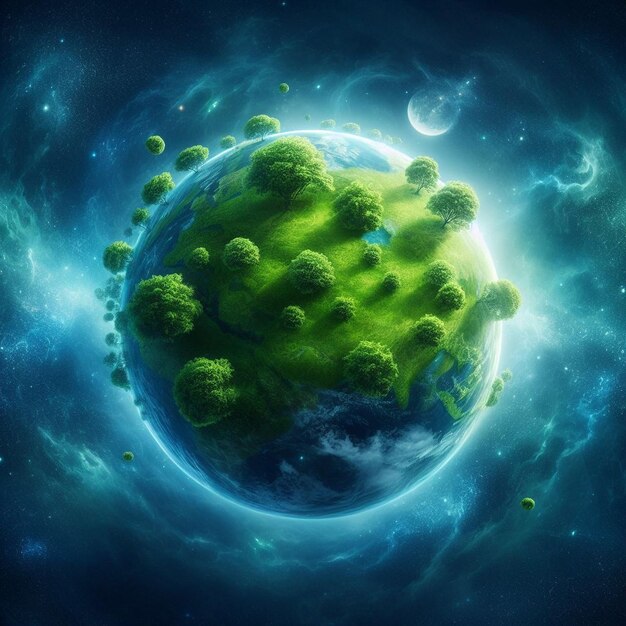 Lush green Earth globe floating as an island