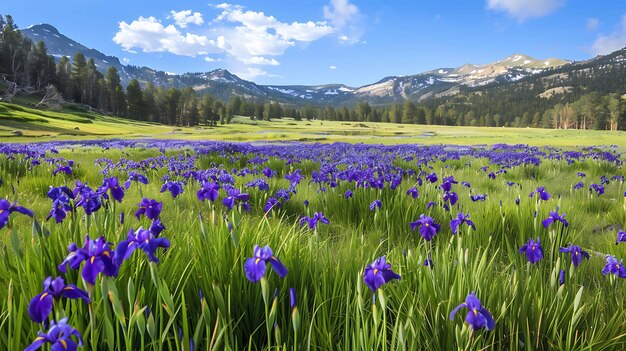 Photo a lush green field of irises in full bloom with mountains in the distance the vibrant colors of the flowers are a feast for the eyes