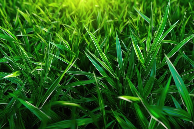 Сочное зеленое поле с размытой травой и солнечным светом