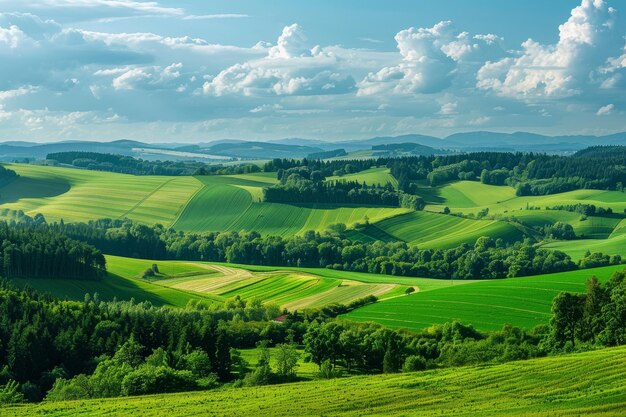 Photo lush green field with lots of trees