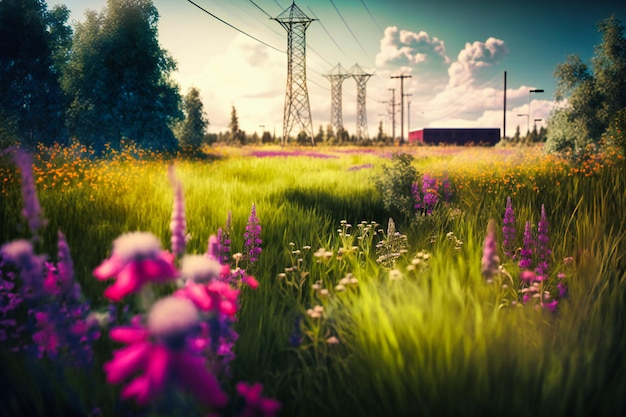 Lush green fields dotted with wildflowers and tall grasses