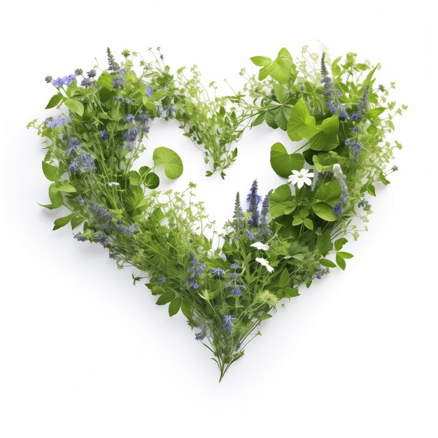 사진 울창 한 초록색 잎자루 와 파란색 꽃 은 색 배경 에 심장 을 형성 한다