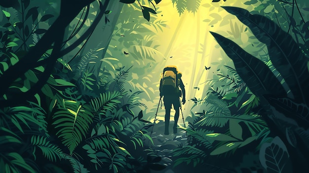 Lush green foliage of a dense jungle with a hiker on a path The hiker is wearing a backpack and carrying a walking stick