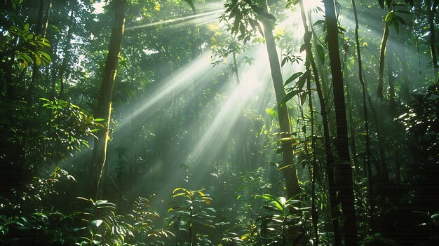 Photo lush green foliage of a dense jungle with sunlight streaming through the trees