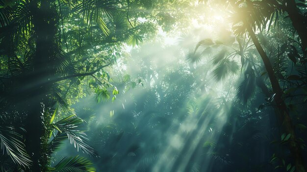 Photo lush green foliage of a tropical rainforest with sunlight streaming through the canopy