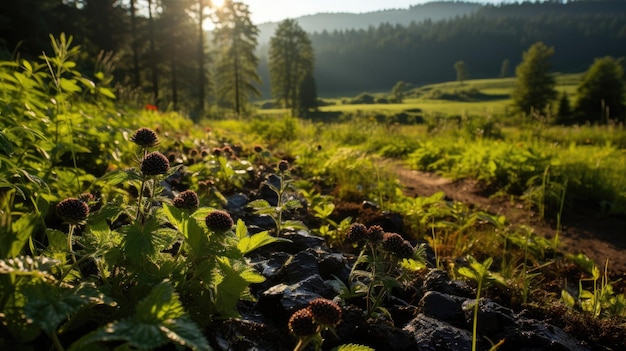 Lush green forest covering majestic mountain range