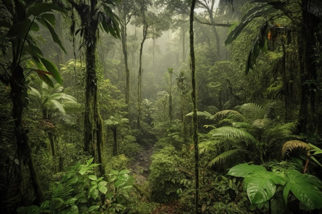 A lush green forest filled with lots of trees generative AI