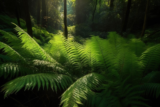 A lush green forest filled with lots of trees generative AI