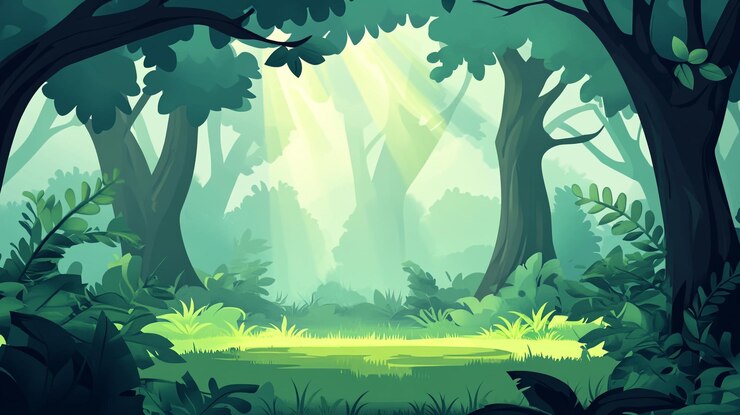 Photo lush green forest glade illuminated by sunlight filtering through trees in a serene atmosphere
