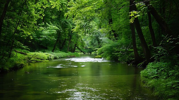 緑豊かな森はこの静かな川の完璧な背景です水は澄んで魅力的で木は高く壮大なです